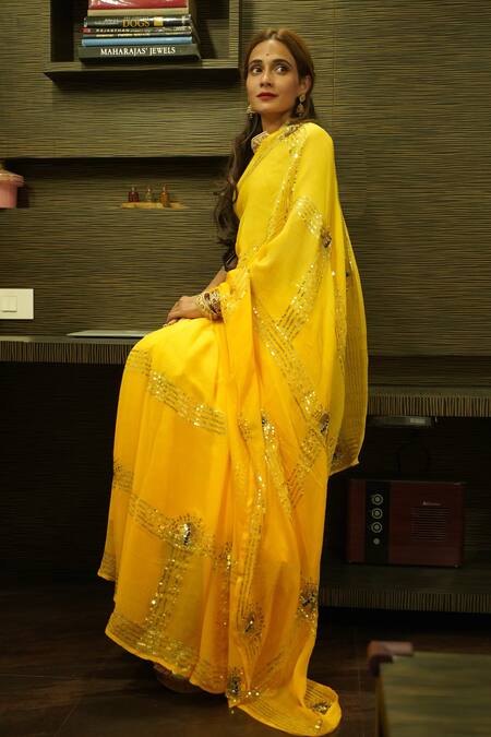 Buy_Ruar India_Yellow Chiffon Sequins, Embroidery Ombre Saree Set _Online_at_Aza_Fashions