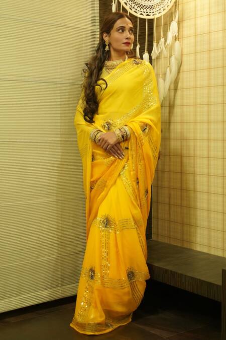 Shop_Ruar India_Yellow Chiffon Sequins, Embroidery Ombre Saree Set _Online_at_Aza_Fashions