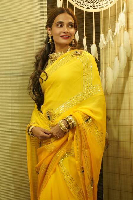 Ruar India_Yellow Chiffon Sequins, Embroidery Ombre Saree Set _at_Aza_Fashions