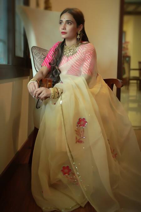 Ruar India_Cream Organza, Silk Embroidery Saree With Blouse _Online_at_Aza_Fashions