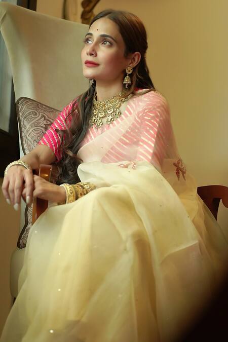 Buy_Ruar India_Cream Organza, Silk Embroidery Saree With Blouse _Online_at_Aza_Fashions