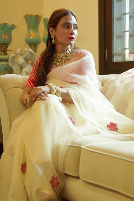 Shop_Ruar India_Cream Organza, Silk Embroidery Saree With Blouse _Online_at_Aza_Fashions