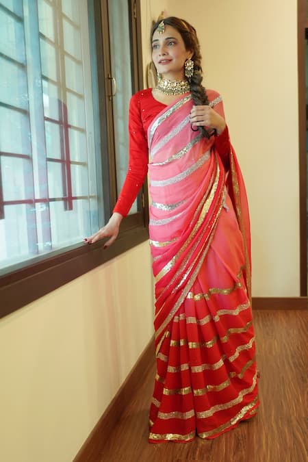 Ruar India Red Chiffon Sequins Round Neck Saree With Blouse 