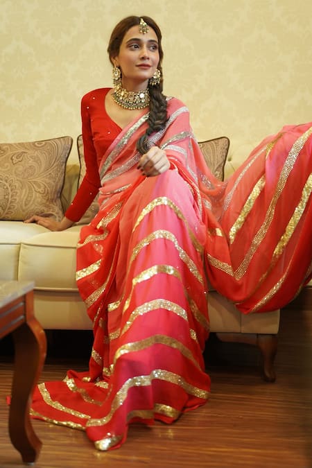 Ruar India Red Sequined Chiffon Saree With Blouse 