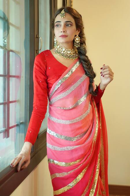 Shop_Ruar India_Red Chiffon Sequins Round Neck Saree With Blouse _Online_at_Aza_Fashions