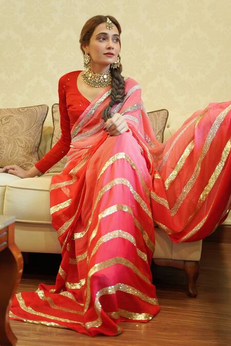 Ruar India_Red Chiffon Sequins Round Neck Saree With Blouse _at_Aza_Fashions