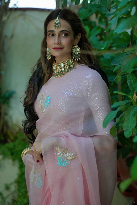 Ruar India_Pink Organza, Silk Embroidery Round Neck Designer Saree With Blouse _Online_at_Aza_Fashions