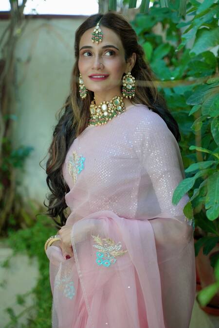 Buy_Ruar India_Pink Organza, Silk Embroidery Round Neck Designer Saree With Blouse _Online_at_Aza_Fashions