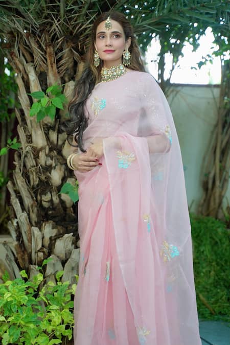 Ruar India Designer Pink Silk Organza Saree With Blouse 
