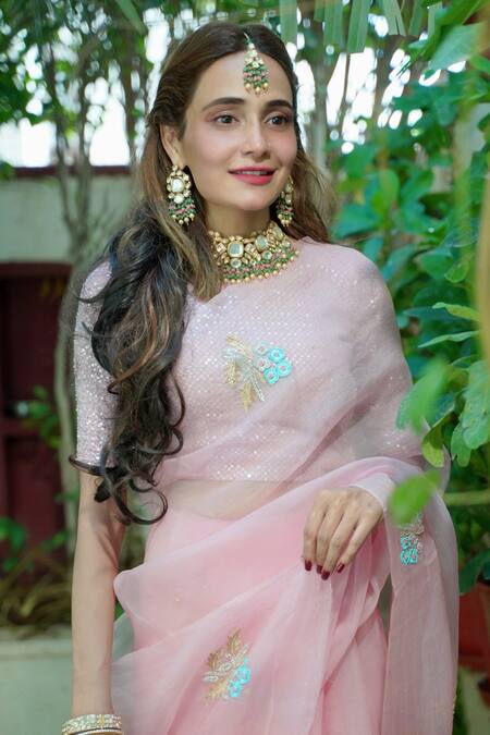 Shop_Ruar India_Pink Organza, Silk Embroidery Round Neck Designer Saree With Blouse _Online_at_Aza_Fashions