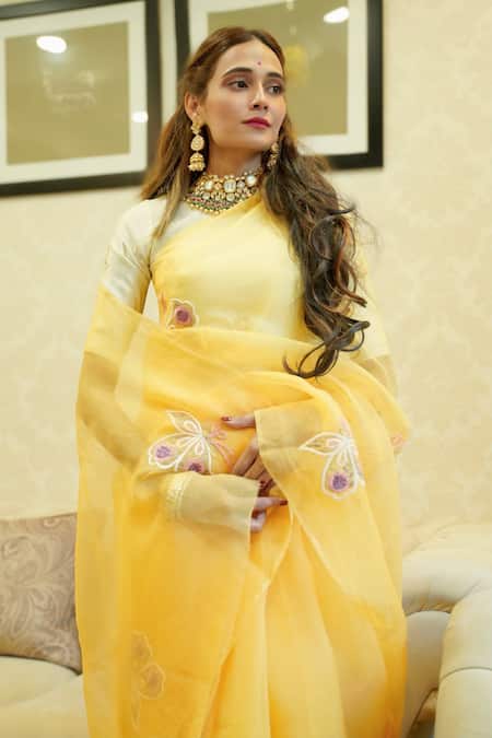 Ruar India Ochre Silk Organza Saree With Blouse 