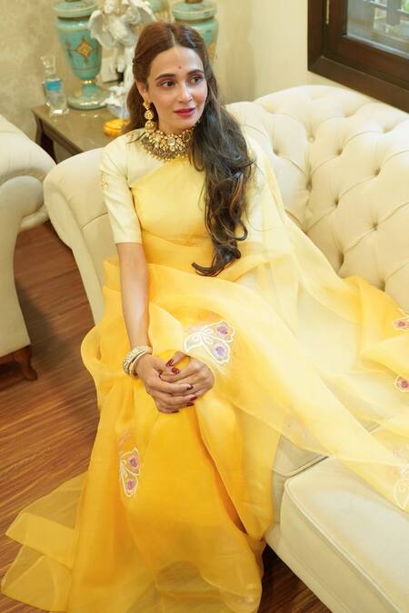 Ruar India_Yellow Organza, Silk Embroidery Round Neck Ochre Saree With Blouse _Online_at_Aza_Fashions