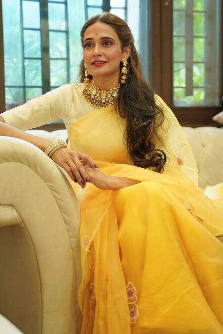 Buy_Ruar India_Yellow Organza, Silk Embroidery Round Neck Ochre Saree With Blouse _Online_at_Aza_Fashions