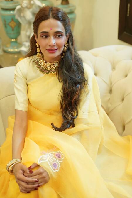 Shop_Ruar India_Yellow Organza, Silk Embroidery Round Neck Ochre Saree With Blouse _Online_at_Aza_Fashions