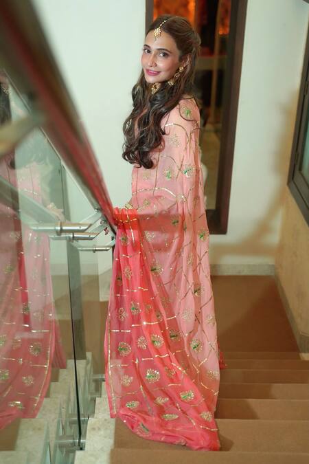 Ruar India_Pink Chiffon Embroidery Saree With Blouse _Online_at_Aza_Fashions