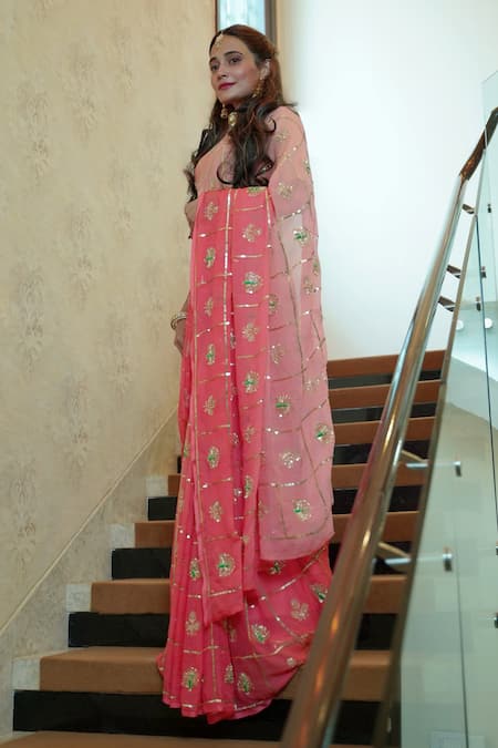 Buy_Ruar India_Pink Chiffon Embroidery Saree With Blouse _Online_at_Aza_Fashions