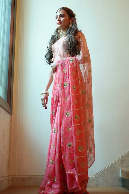 Shop_Ruar India_Pink Chiffon Embroidery Saree With Blouse _Online_at_Aza_Fashions