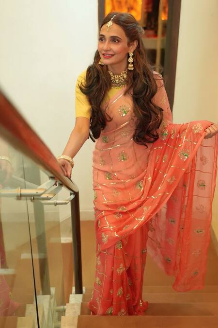 Ruar India_Pink Chiffon Embroidery Saree With Blouse _at_Aza_Fashions