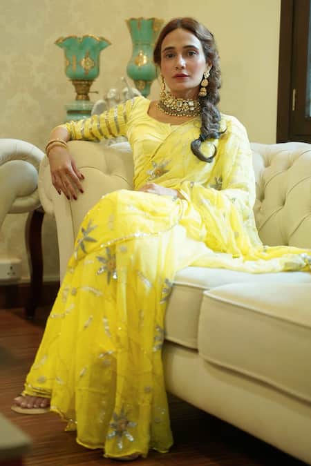 Buy_Ruar India_Yellow Chiffon Sequins Round Neck Lemon Saree With Blouse _Online_at_Aza_Fashions