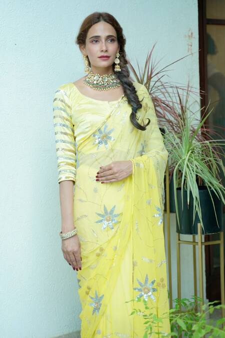 Shop_Ruar India_Yellow Chiffon Sequins Round Neck Lemon Saree With Blouse _Online_at_Aza_Fashions