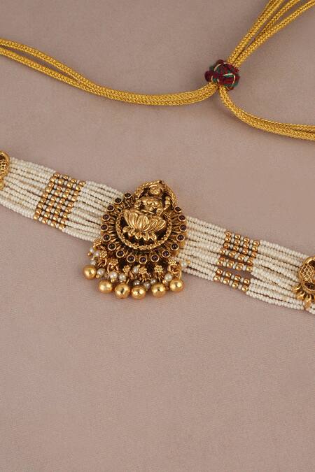 Shop_Smars Jewelry_Gold Plated Pearls Work Necklace And Earring Set_Online_at_Aza_Fashions