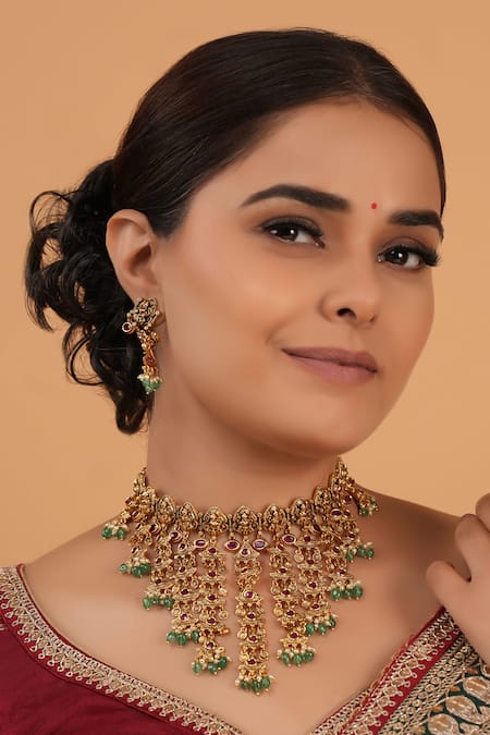 Smars Jewelry Gold Plated Stones, Pearls Designer Necklace And Earring Set 