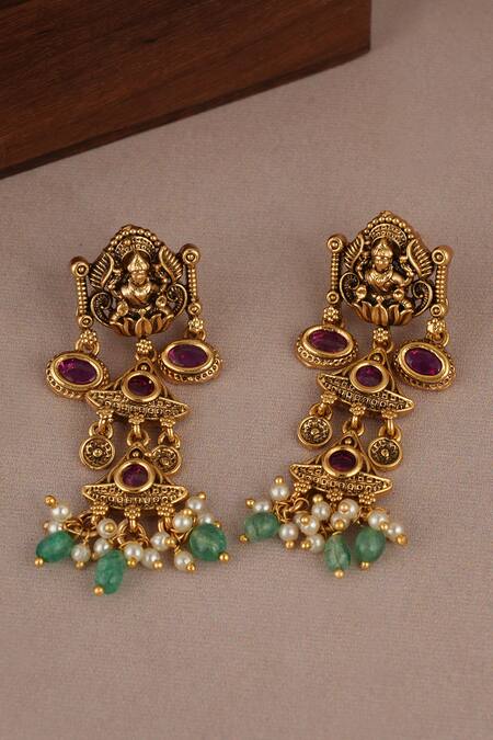 Smars Jewelry_Gold Plated Stones, Pearls Designer Necklace And Earring Set_Online_at_Aza_Fashions