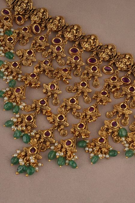 Shop_Smars Jewelry_Gold Plated Stones, Pearls Designer Necklace And Earring Set_Online_at_Aza_Fashions