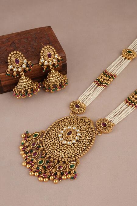 Shop_Smars Jewelry_Gold Plated Stones Synthetic Necklace And Earring Set_Online_at_Aza_Fashions