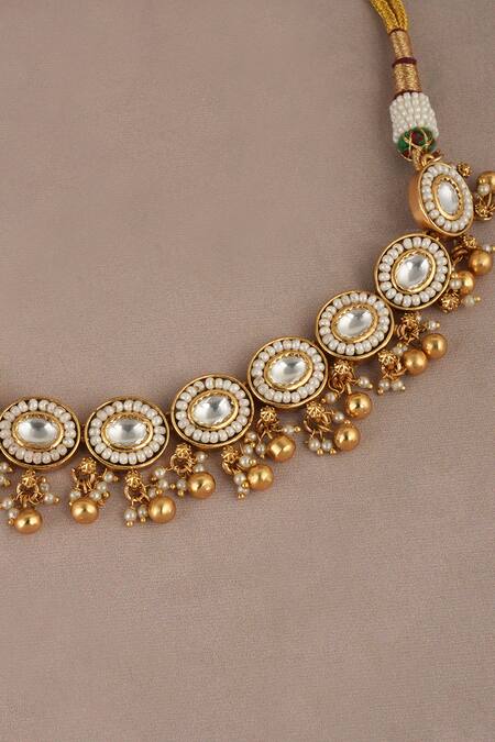 Shop_Smars Jewelry_Gold Plated Pearls, Stones Kundan Necklace And Earring Set_Online_at_Aza_Fashions