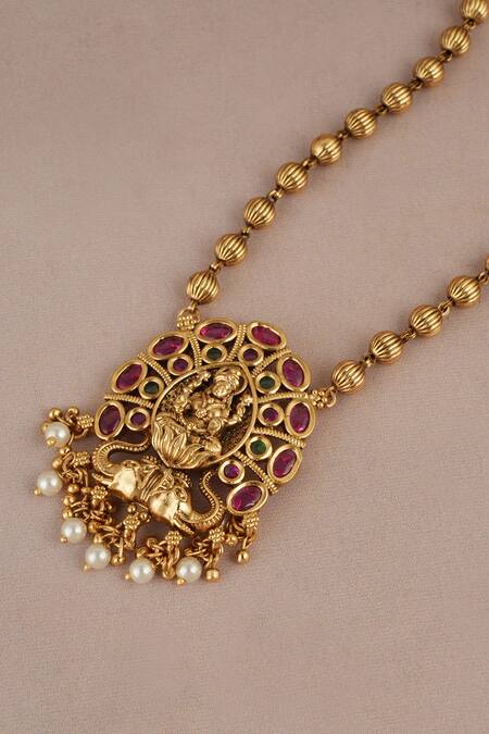 Smars Jewelry_Gold Plated Stones, Pearls Designer Necklace And Earring Set_at_Aza_Fashions