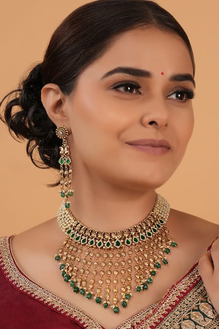 Smars Jewelry Gold Plated Pearls, Stones And Necklace Set