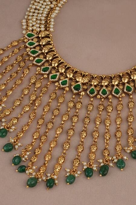 Buy_Smars Jewelry_Gold Plated Pearls, Stones And Necklace Set_Online_at_Aza_Fashions