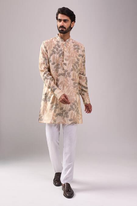 Shop_Spring Break_Cream Cotton, Linen Tropical Print Kurta Set _Online_at_Aza_Fashions