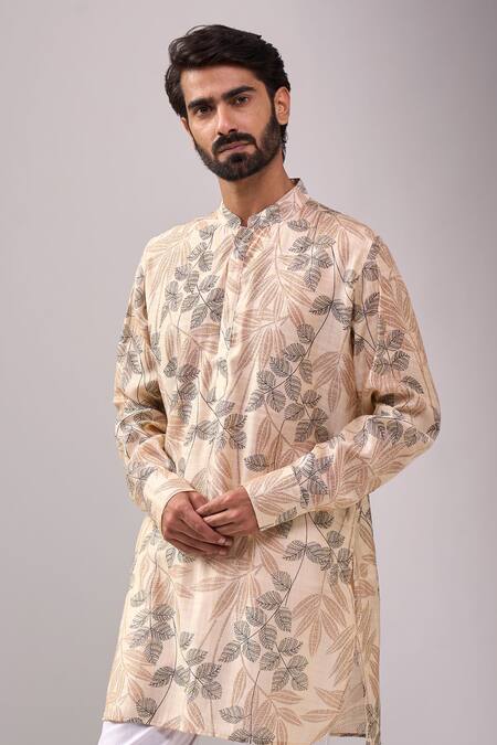 Spring Break_Cream Cotton, Linen Tropical Print Kurta Set _at_Aza_Fashions