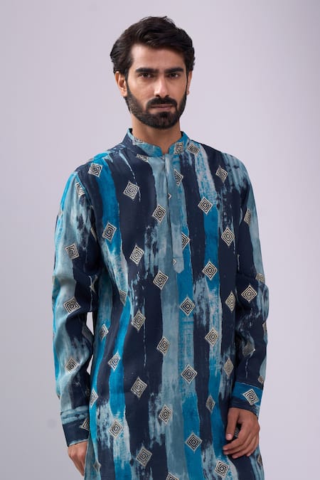 Buy Spring Break Blue Cotton Navy Printed Kurta Set Online at Aza Fashions Buy_Spring Break_Blue Cotton Navy Printed Kurta Set _Online_at_Aza_Fashions