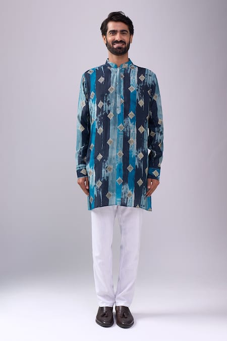 Shop Spring Break Blue Cotton Navy Printed Kurta Set Online at Aza Fashions Shop_Spring Break_Blue Cotton Navy Printed Kurta Set _Online_at_Aza_Fashions