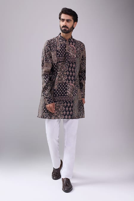 Spring Break_Black Cotton And Gold Paisley Print Kurta Set _Online_at_Aza_Fashions