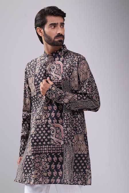 Buy_Spring Break_Black Cotton And Gold Paisley Print Kurta Set _Online_at_Aza_Fashions