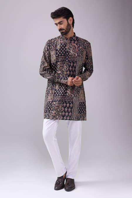 Spring Break Black Cotton And Gold Paisley Print Kurta Set 