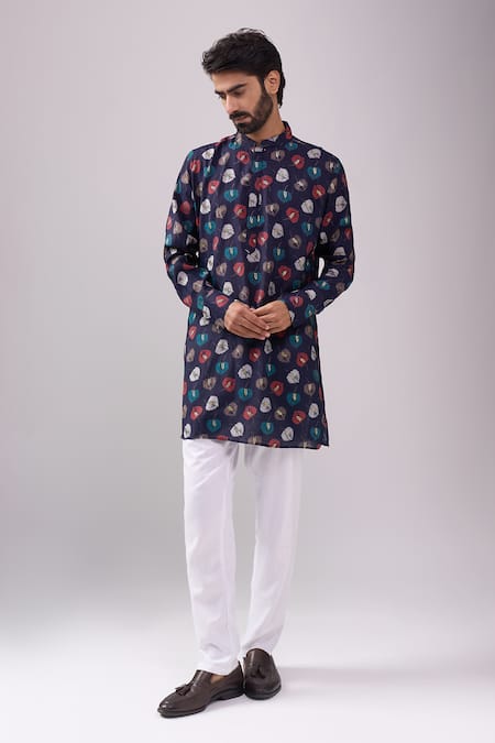 Spring Break Navy Cotton And Gold Leaf Print Kurta Set 