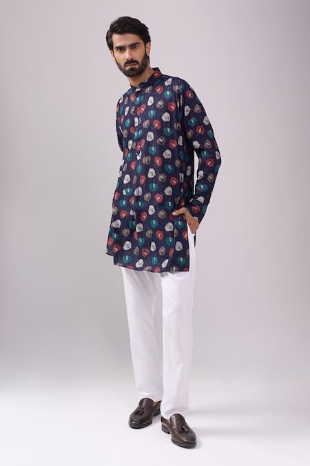 Shop Spring Break Navy Cotton And Gold Leaf Print Kurta Set Online at Aza Fashions Shop_Spring Break_Navy Cotton And Gold Leaf Print Kurta Set _Online_at_Aza_Fashions