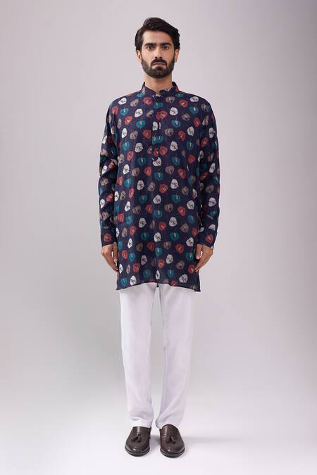 Spring Break Navy Cotton And Gold Leaf Print Kurta Set at Aza Fashions Spring Break_Navy Cotton And Gold Leaf Print Kurta Set _at_Aza_Fashions