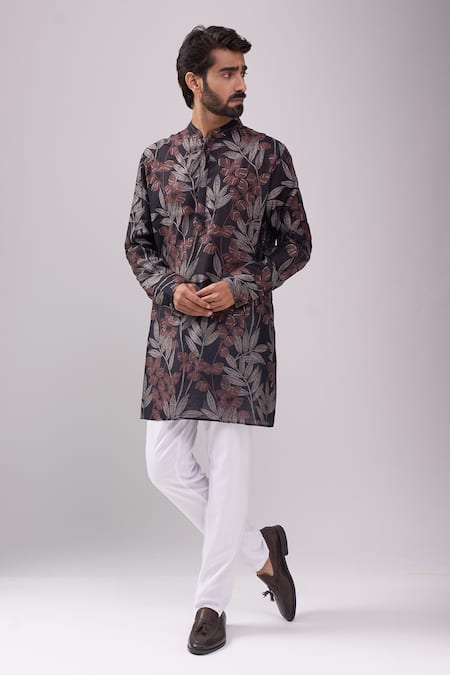 Spring Break Black Cotton, Linen Tropical Print Kurta Set 