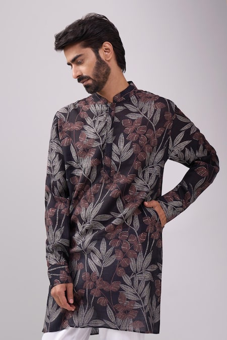 Spring Break Black Cotton, Linen Tropical Print Kurta Set at Aza Fashions Spring Break_Black Cotton, Linen Tropical Print Kurta Set _at_Aza_Fashions