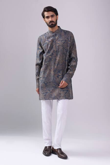 Spring Break_Gray Cotton Paisley Print Kurta Set _Online_at_Aza_Fashions