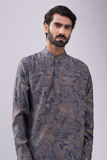 Buy_Spring Break_Gray Cotton Paisley Print Kurta Set _Online_at_Aza_Fashions