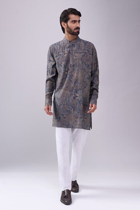 Spring Break_Gray Cotton Paisley Print Kurta Set _at_Aza_Fashions