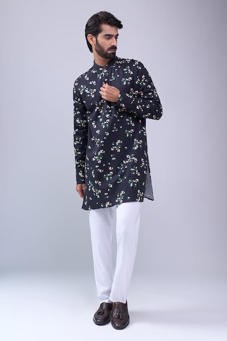 Spring Break Black Cotton Floral Print Kurta 