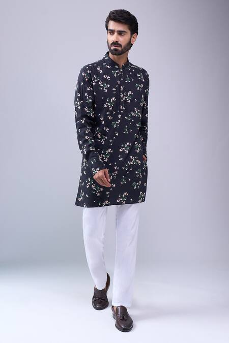 Spring Break Black Cotton Floral Print Kurta Online at Aza Fashions Spring Break_Black Cotton Floral Print Kurta_Online_at_Aza_Fashions